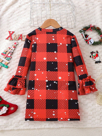 Young Girls' Satan Design Red & Black Plaid With Snowflake Print Portrait & Letter Graphic Elegant Multi-Layer Long Sleeve Round Neck Princess Dress