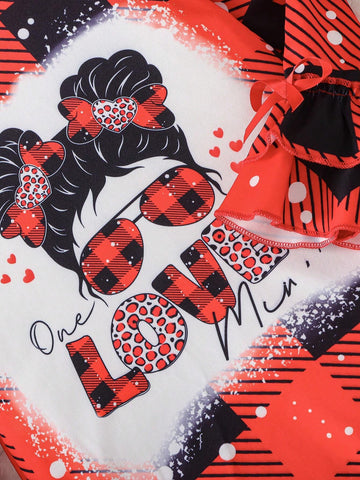 Young Girls' Satan Design Red & Black Plaid With Snowflake Print Portrait & Letter Graphic Elegant Multi-Layer Long Sleeve Round Neck Princess Dress