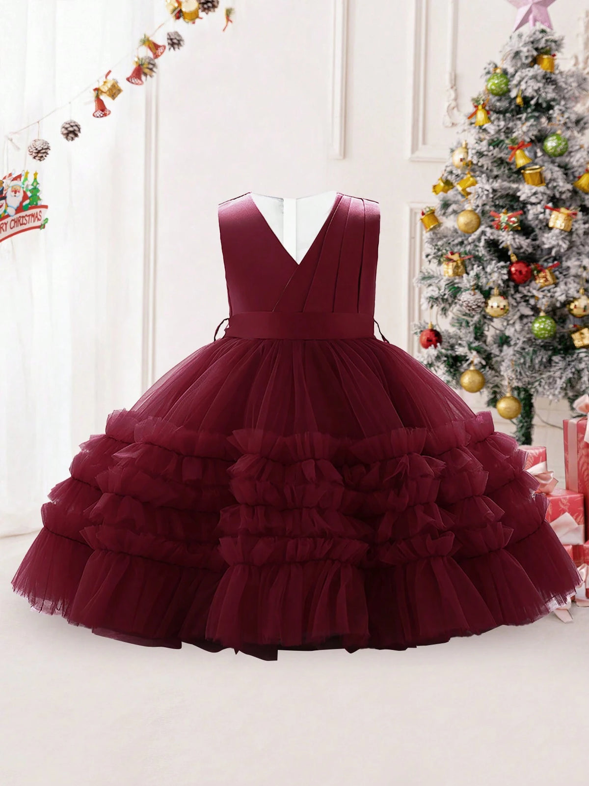 Young Girls' Satin, Pleated & Mesh Patchwork Elegant Birthday Dress, Suitable For Performance And Party