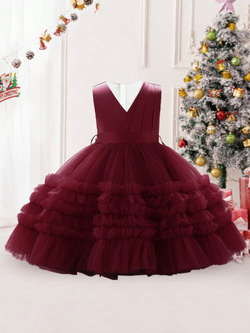 Young Girls' Satin, Pleated & Mesh Patchwork Elegant Birthday Dress, Suitable For Performance And Party
