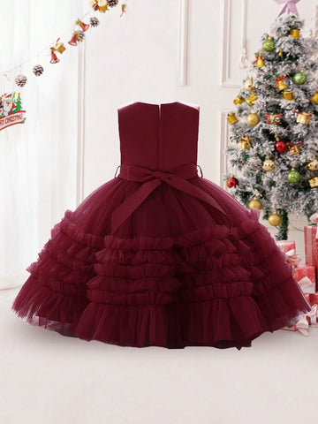 Young Girls' Satin, Pleated & Mesh Patchwork Elegant Birthday Dress, Suitable For Performance And Party