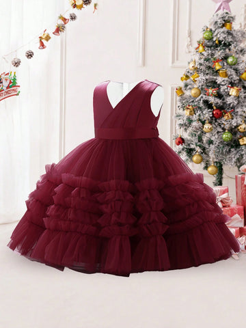 Young Girls' Satin, Pleated & Mesh Patchwork Elegant Birthday Dress, Suitable For Performance And Party