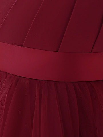 Young Girls' Satin, Pleated & Mesh Patchwork Elegant Birthday Dress, Suitable For Performance And Party