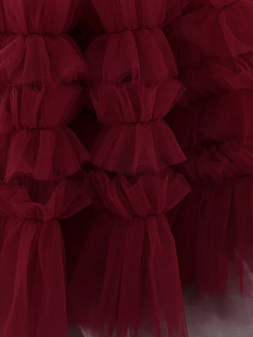 Young Girls' Satin, Pleated & Mesh Patchwork Elegant Birthday Dress, Suitable For Performance And Party