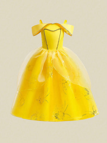 Young Girls Satin Strap Costume Dress, Princess Party Gown For Birthday, Flower Girl Occasion
