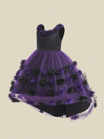 Young Girls Satin Tulle 3D Flower Decoration Lace-Trimmed Fishtail Flutter Dress, Elegant And , Perfect For Birthday Parties