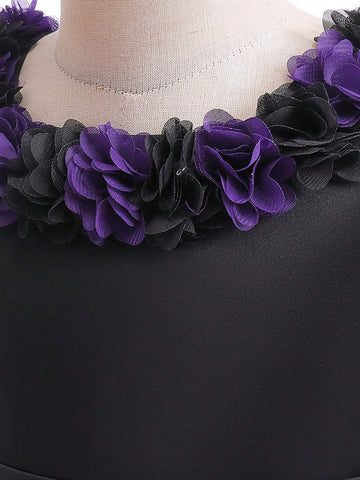 Young Girls Satin Tulle 3D Flower Decoration Lace-Trimmed Fishtail Flutter Dress, Elegant And , Perfect For Birthday Parties