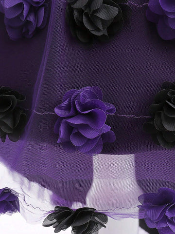Young Girls Satin Tulle 3D Flower Decoration Lace-Trimmed Fishtail Flutter Dress, Elegant And , Perfect For Birthday Parties