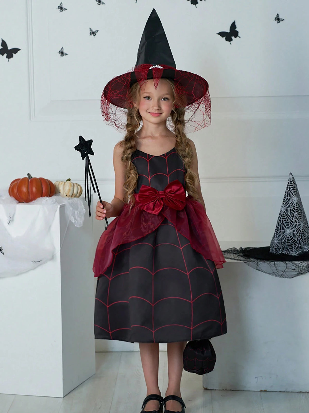 Young Girls Satin & Mesh Panel Halloween Themed Princess Dress With Accessory Bag, Fabric Pattern Random