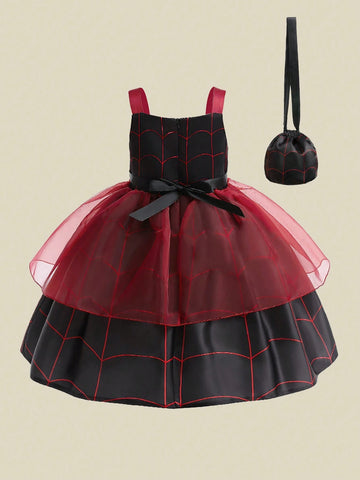 Young Girls Satin & Mesh Panel Halloween Themed Princess Dress With Accessory Bag, Fabric Pattern Random