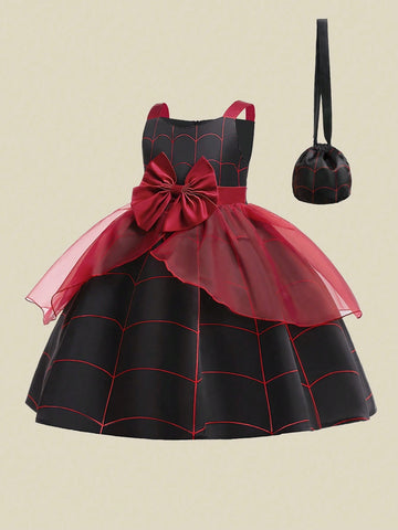 Young Girls Satin & Mesh Panel Halloween Themed Princess Dress With Accessory Bag, Fabric Pattern Random
