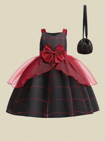 Young Girls Satin & Mesh Panel Halloween Themed Princess Dress With Accessory Bag, Fabric Pattern Random