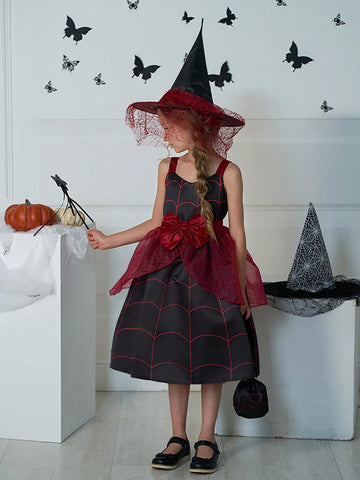 Young Girls Satin & Mesh Panel Halloween Themed Princess Dress With Accessory Bag, Fabric Pattern Random