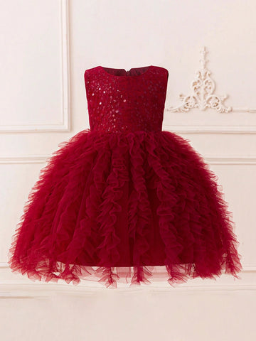 Young Girls Sequin Pleated Tulle Birthday Party Flower Girl Dress For School Performance, Wedding