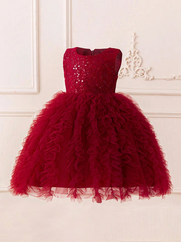 Young Girls Sequin Pleated Tulle Birthday Party Flower Girl Dress For School Performance, Wedding