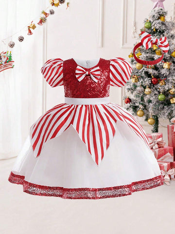 Young Girls' Sequin Striped Color Block Dress With Bowknot Decor