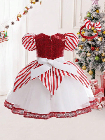 Young Girls' Sequin Striped Color Block Dress With Bowknot Decor