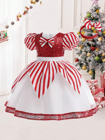 Young Girls' Sequin Striped Color Block Dress With Bowknot Decor