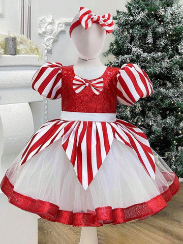 Young Girls' Sequin Striped Color Block Dress With Bowknot Decor