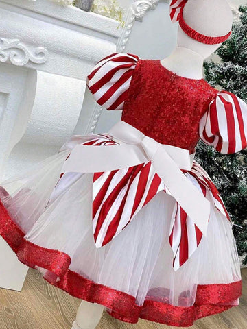 Young Girls' Sequin Striped Color Block Dress With Bowknot Decor