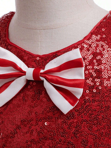 Young Girls' Sequin Striped Color Block Dress With Bowknot Decor