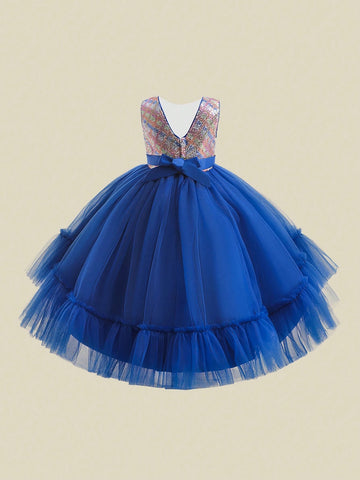 Young Girls Sequin Tulle Puff Princess Dress, Flower Girl Wedding Birthday Party Ball Gown