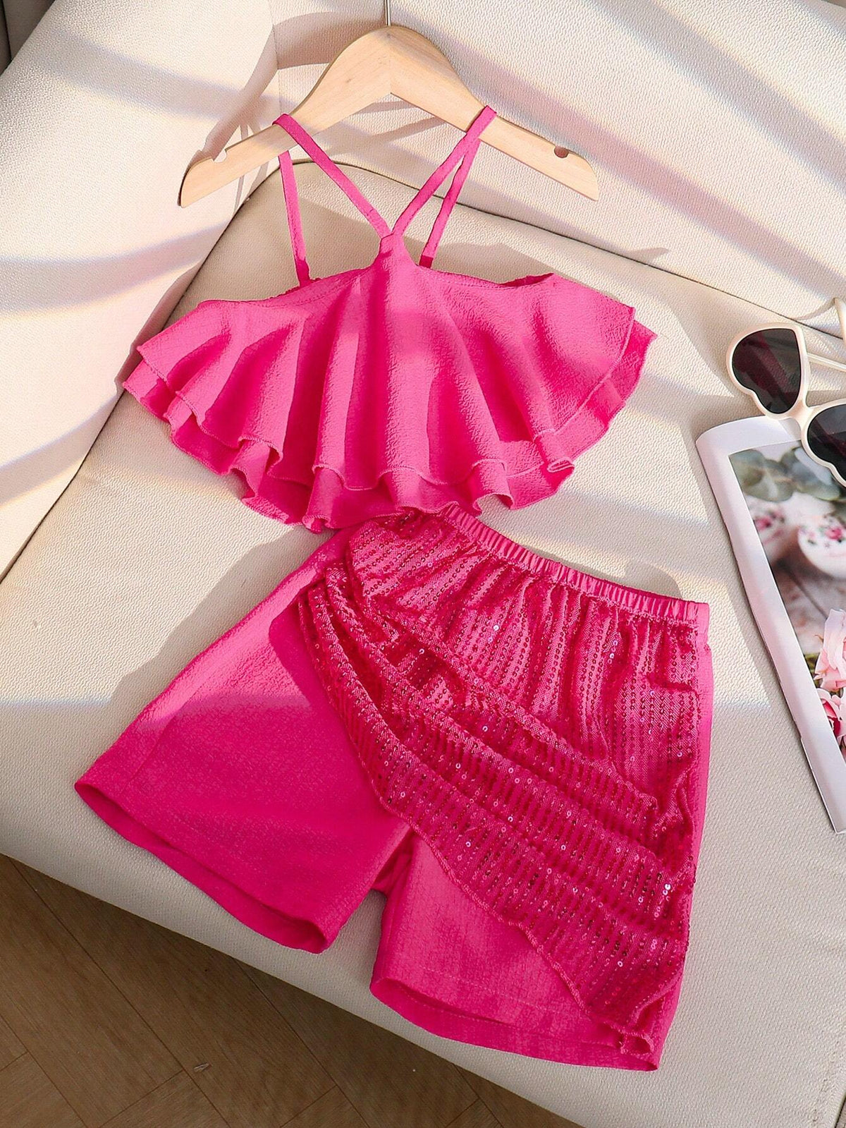 Young Girls' Sequin Vest And Skirted Leggings Two-Piece Set With Halter