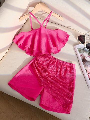 Young Girls' Sequin Vest And Skirted Leggings Two-Piece Set With Halter