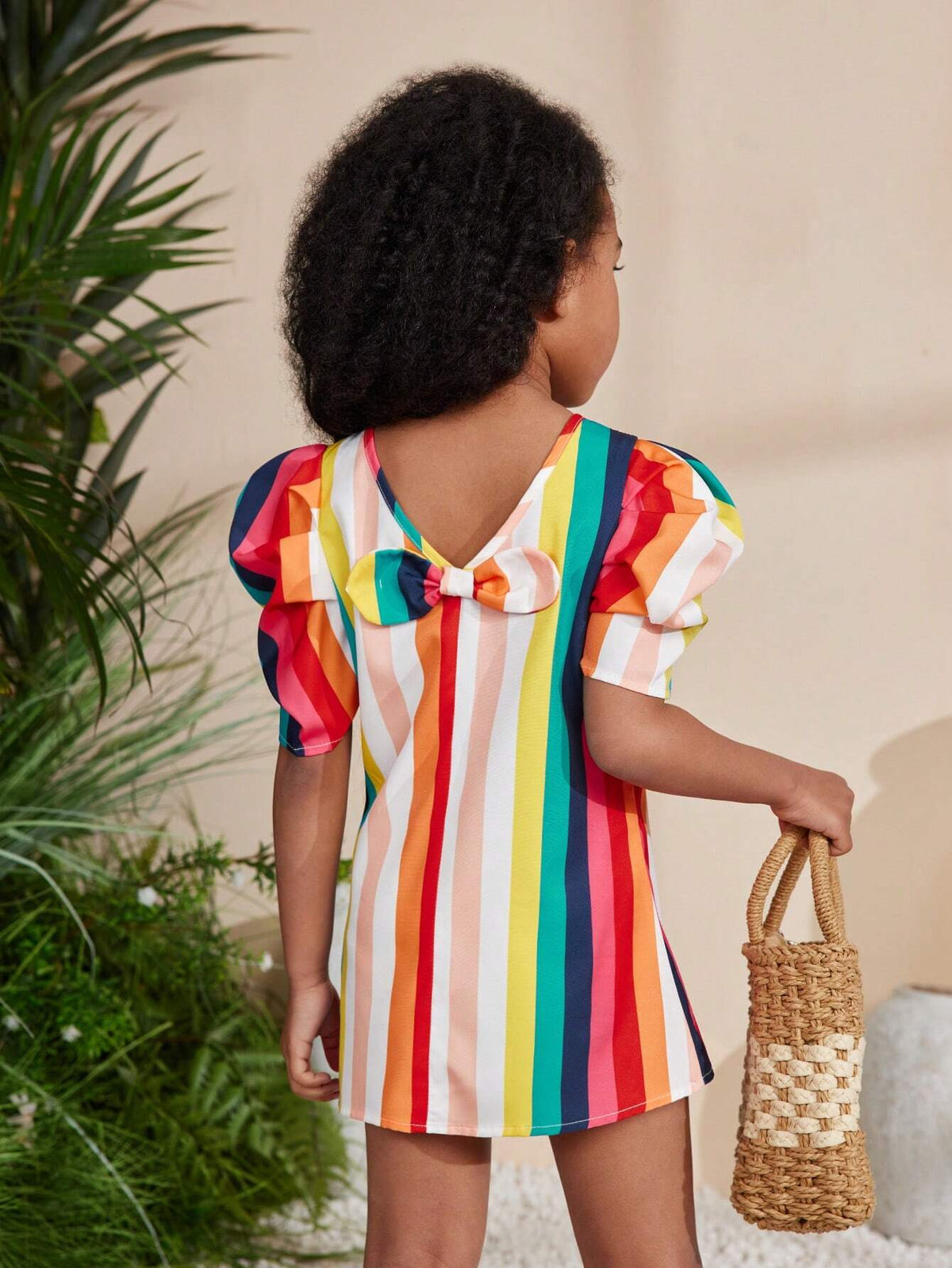 Young Girls' Sequin & Bubblesleeve Striped Dress, Ideal For Chocolatemoon Festival In Spring Or Summer