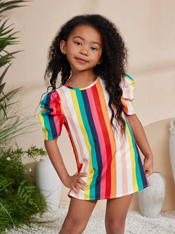 Young Girls' Sequin & Bubblesleeve Striped Dress, Ideal For Chocolatemoon Festival In Spring Or Summer