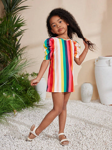 Young Girls' Sequin & Bubblesleeve Striped Dress, Ideal For Chocolatemoon Festival In Spring Or Summer