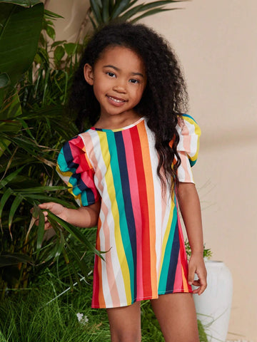 Young Girls' Sequin & Bubblesleeve Striped Dress, Ideal For Chocolatemoon Festival In Spring Or Summer