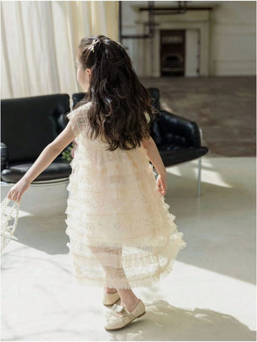 Young Girls Sequined Princess Dress Sleeveless With Pearl Shawl And Veil