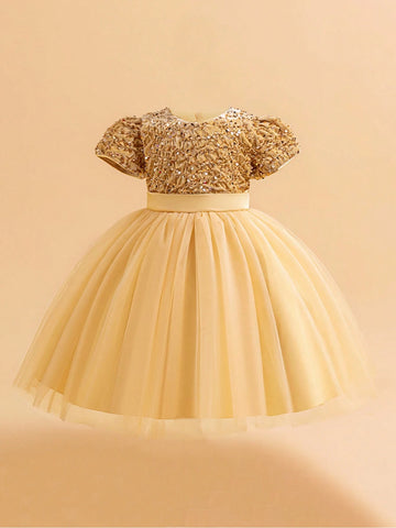 Young Girls Sequins Tulle Ball Gown Princess Dress, Flower Girl Wedding Party Formal Elegant Dress