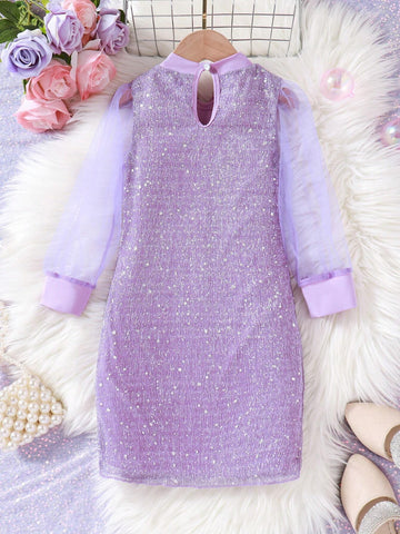 Young Girls Shiny Mesh Puff Sleeve Sparkly Fitted Bodycon Party Dress, Suitable For Festivals, Dances And Events