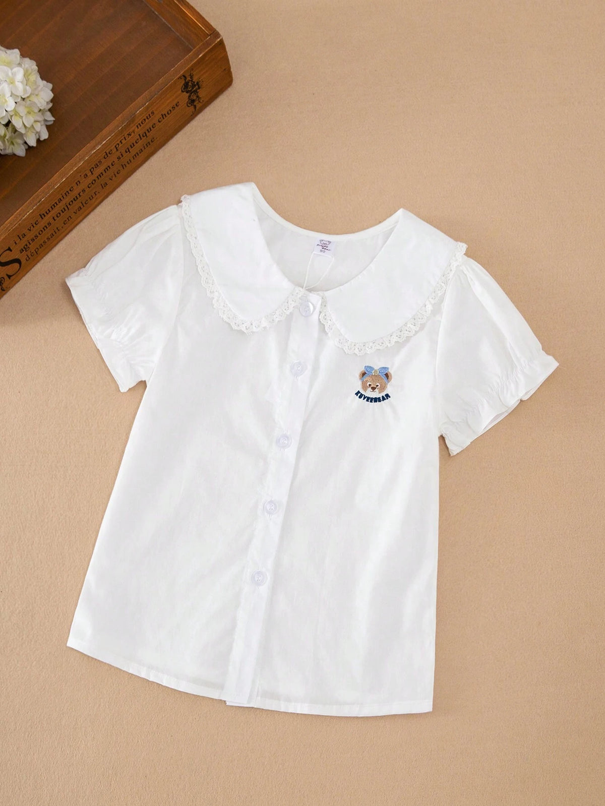 Young Girls' Short-Sleeved Shirt With Embroidered Bear And Collar For Summer