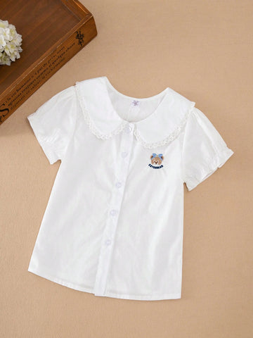 Young Girls' Short-Sleeved Shirt With Embroidered Bear And Collar For Summer
