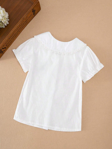 Young Girls' Short-Sleeved Shirt With Embroidered Bear And Collar For Summer