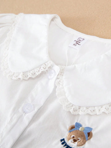 Young Girls' Short-Sleeved Shirt With Embroidered Bear And Collar For Summer