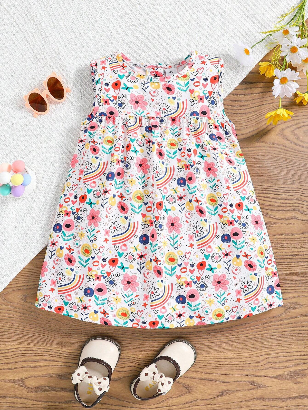 Young Girls' Short Floral Print Sleeveless Dress