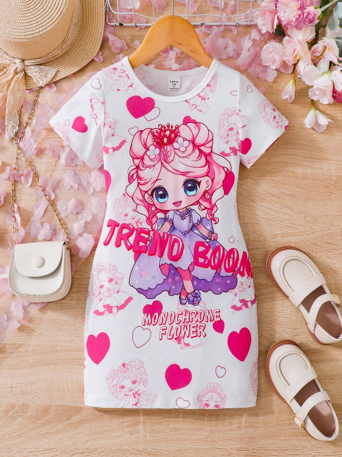 Young Girls' Short Sleeve Cartoon Pattern Printed Detail Round Neck Dress, Suitable For Cute Style