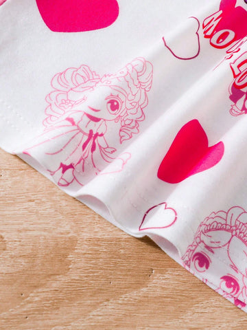 Young Girls' Short Sleeve Cartoon Pattern Printed Detail Round Neck Dress, Suitable For Cute Style