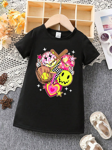Young Girls' Short Sleeve Cartoon & Heart Printed T-Shirt Dress