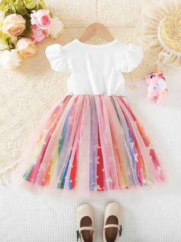 Young Girls' Short Sleeve Cute Casual Flying Edge Dress With Rainbow Stripes, Butterfly And Mesh Dress For Summer