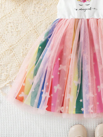 Young Girls' Short Sleeve Cute Casual Flying Edge Dress With Rainbow Stripes, Butterfly And Mesh Dress For Summer