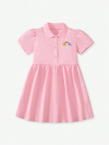 Young Girls Short Sleeve Cute Children Polo Collar Princess Dress, Suitable For Daily Wear, Spring & Summer