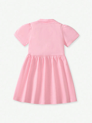 Young Girls Short Sleeve Cute Children Polo Collar Princess Dress, Suitable For Daily Wear, Spring & Summer
