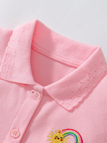 Young Girls Short Sleeve Cute Children Polo Collar Princess Dress, Suitable For Daily Wear, Spring & Summer