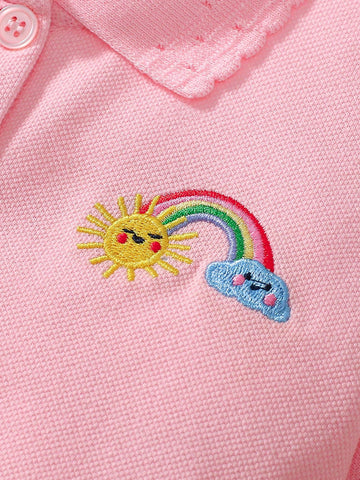 Young Girls Short Sleeve Cute Children Polo Collar Princess Dress, Suitable For Daily Wear, Spring & Summer