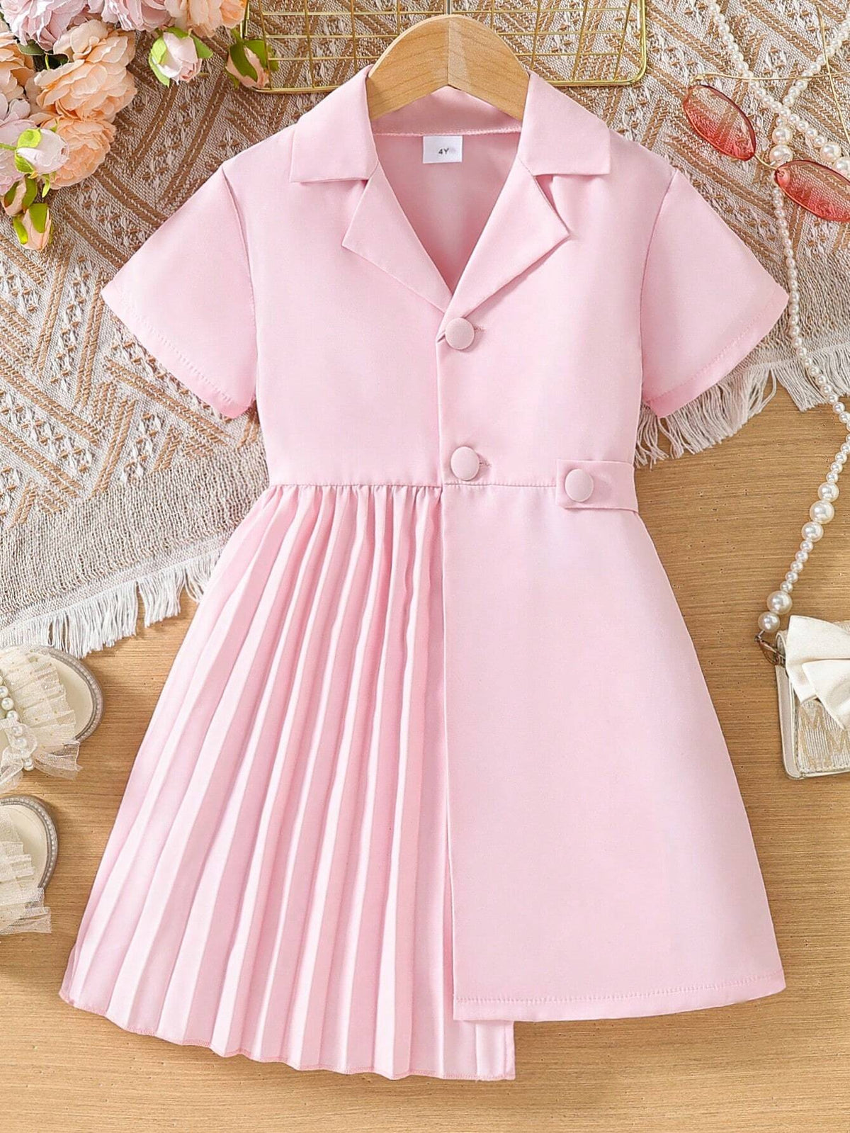 Young Girls' Short Sleeve Dress With Peter Pan Collar, Pleats And Flared Hem